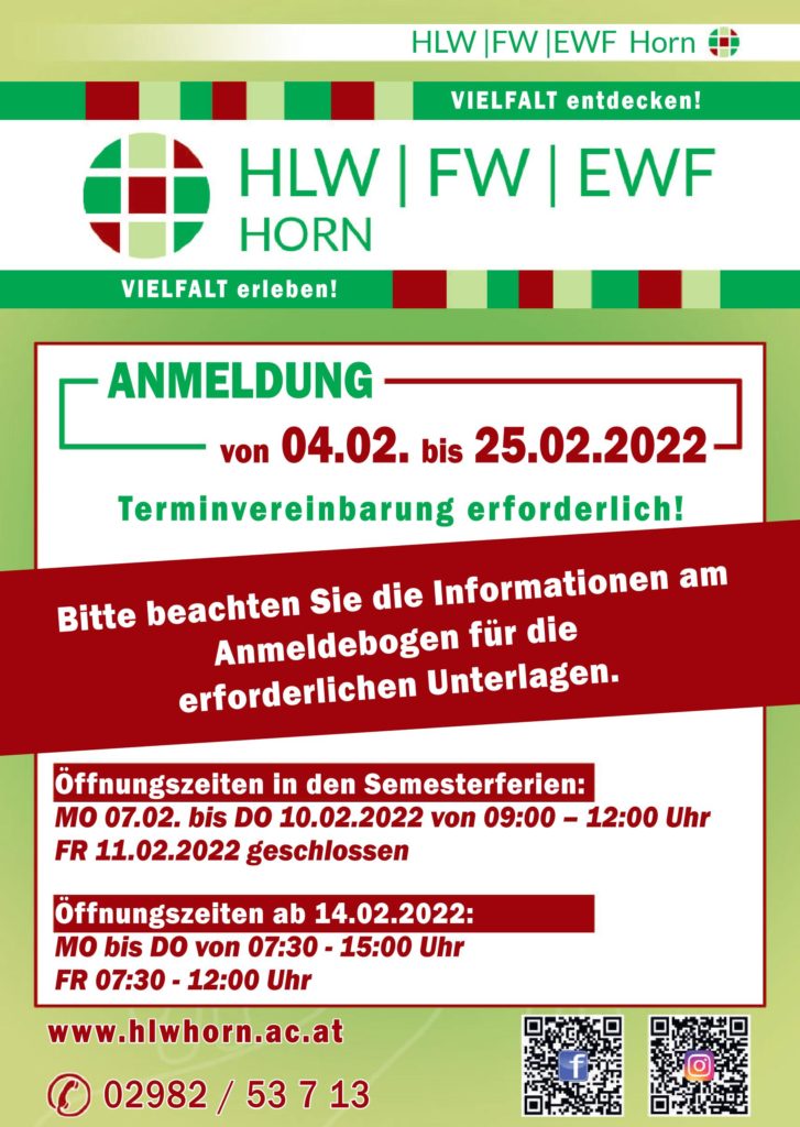 Flyer für Schulanmeldung der EWF, FW und HLW Horn